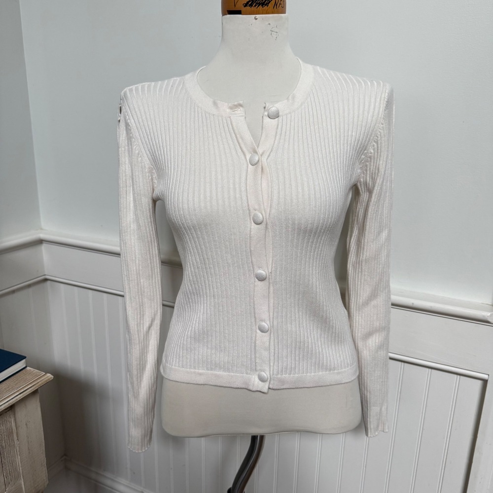 Jason Wu Cream Ribbed Knit Cardigan Eyelet Sleeve Button Front Sweater Womens S